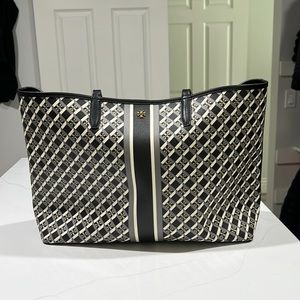 Tory Burch canvas tote, only used once. black strap. One large pocket inside.